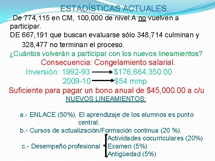 ESTADÍSTICAS ACTUALES. De 774, 115 en CM, 100, 000 de nivel A no vuelven