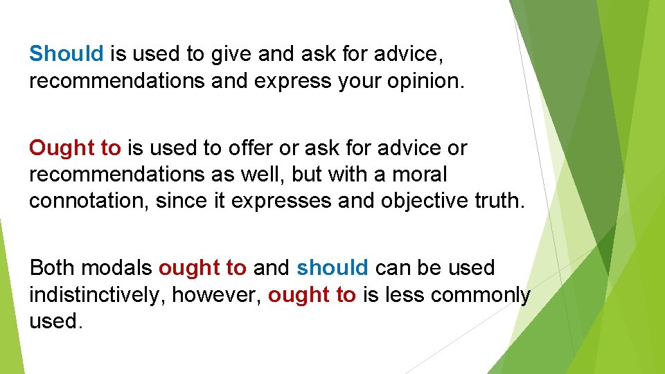 Should is used to give and ask for advice, recommendations and express your opinion.