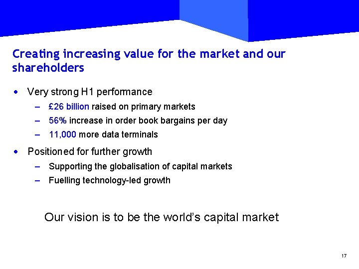 Creating increasing value for the market and our shareholders · Very strong H 1