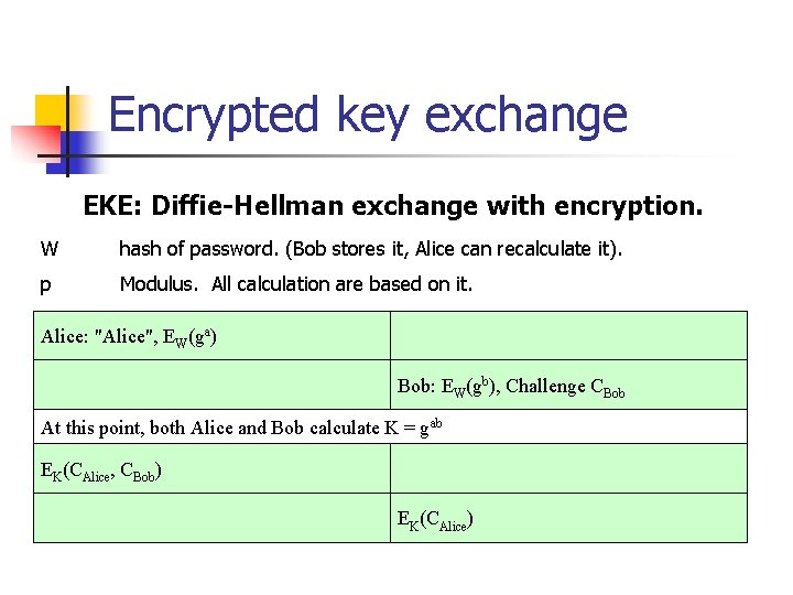Encrypted key exchange EKE: Diffie-Hellman exchange with encryption. W hash of password. (Bob stores