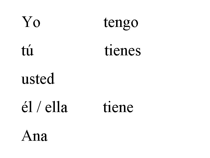 Yo tengo tú tienes usted él / ella Ana tiene 