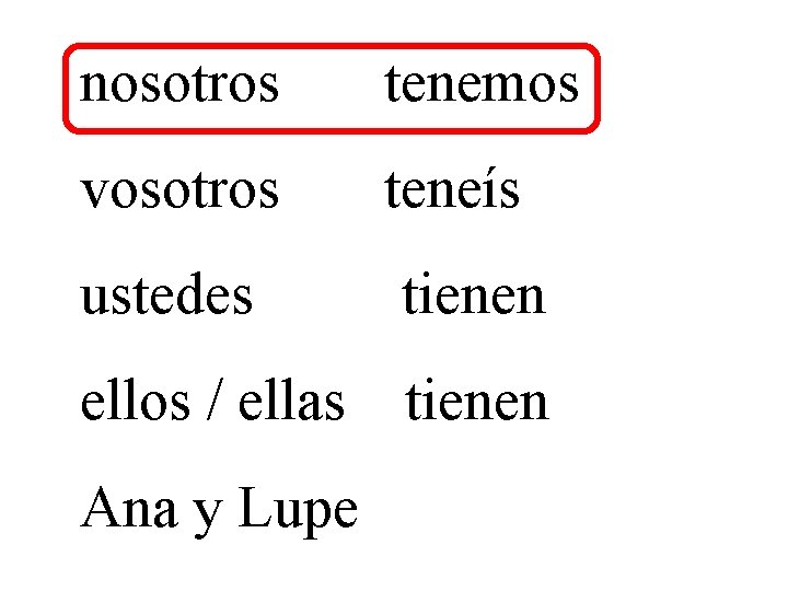 nosotros tenemos vosotros teneís ustedes tienen ellos / ellas tienen Ana y Lupe 