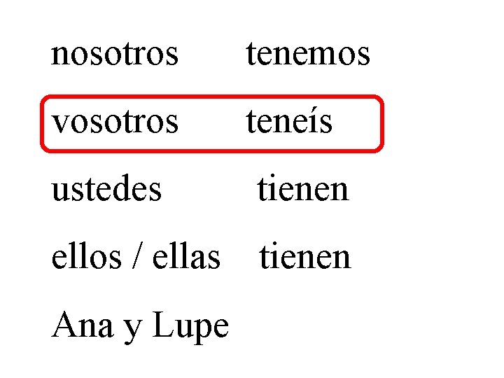 nosotros tenemos vosotros teneís ustedes tienen ellos / ellas tienen Ana y Lupe 