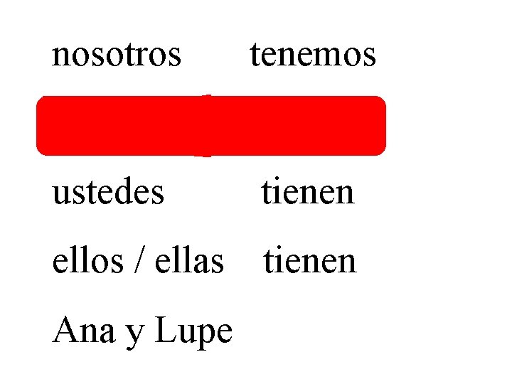 nosotros tenemos vosotros teneís ustedes tienen ellos / ellas tienen Ana y Lupe 