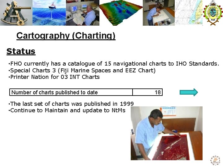 Cartography (Charting) Status • FHO currently has a catalogue of 15 navigational charts to