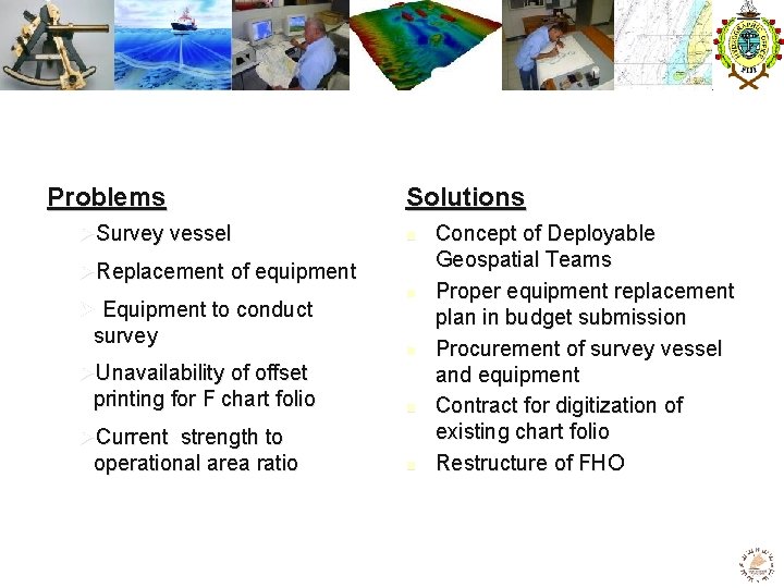 Problems ØSurvey vessel Solutions n ØReplacement of equipment Ø Equipment to conduct survey n