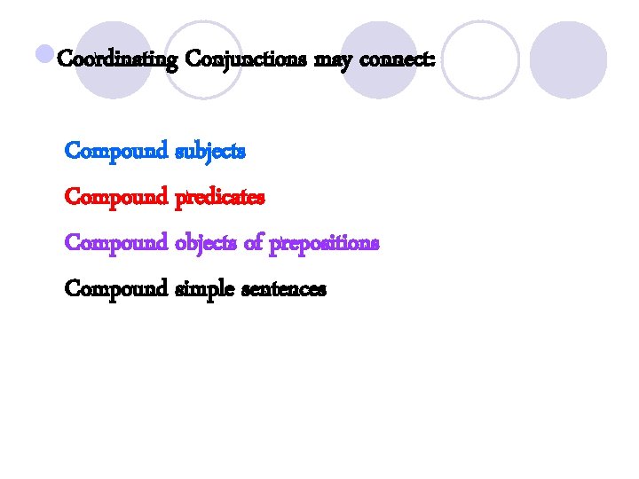 l. Coordinating Conjunctions may connect: Compound subjects Compound predicates Compound objects of prepositions Compound