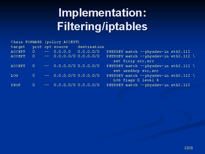 Implementation: Filtering/iptables Chain FORWARD target prot ACCEPT 0 LOG 0 DROP 0 (policy ACCEPT)