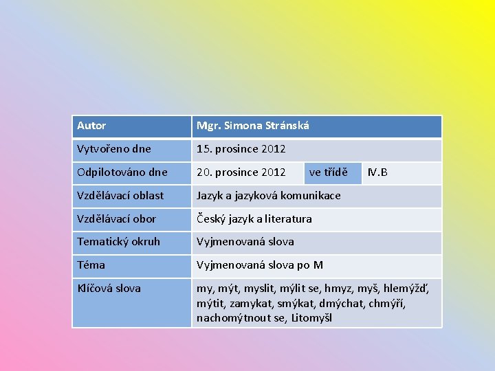 Autor Mgr. Simona Stránská Vytvořeno dne 15. prosince 2012 Odpilotováno dne 20. prosince 2012