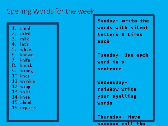 Spelling Words for the week 1. cried 2. dried 3. milk 4. let’s 5.