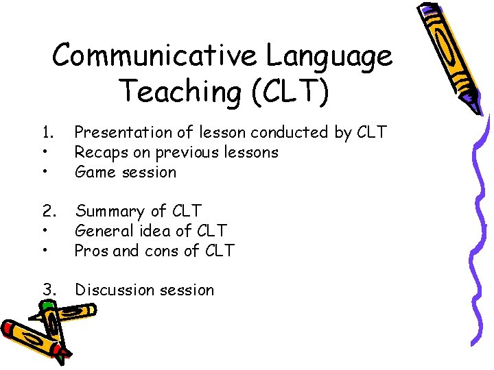 Communicative Language Teaching (CLT) 1. • • Presentation of lesson conducted by CLT Recaps Communicative Language Teaching (CLT) 1. • • Presentation of lesson conducted by CLT Recaps