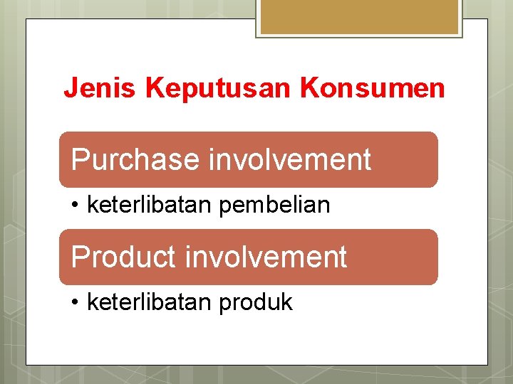 Jenis Keputusan Konsumen Purchase involvement • keterlibatan pembelian Product involvement • keterlibatan produk 