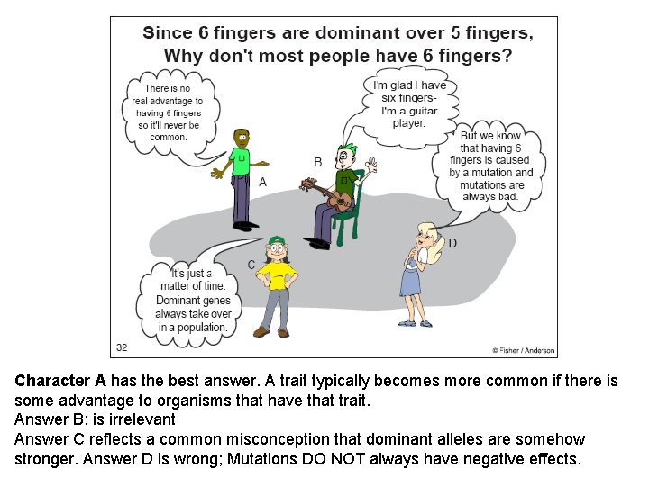 Character A has the best answer. A trait typically becomes more common if there