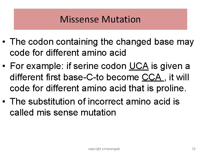 Missense Mutation • The codon containing the changed base may code for different amino