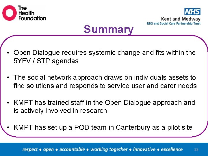 Summary • Open Dialogue requires systemic change and fits within the 5 YFV /