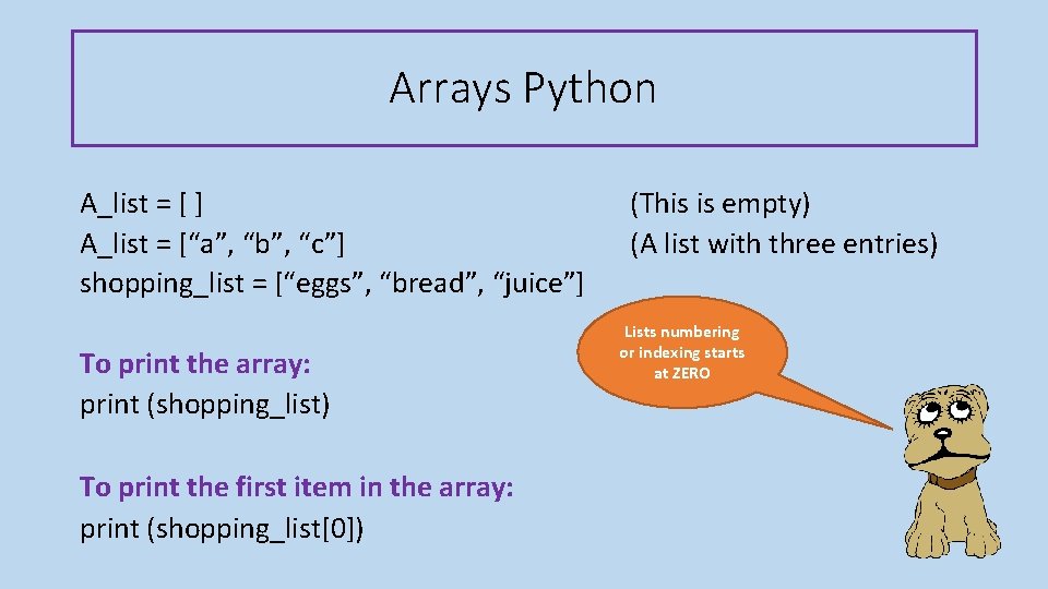 Arrays Python A_list = [ ] A_list = [“a”, “b”, “c”] shopping_list = [“eggs”,