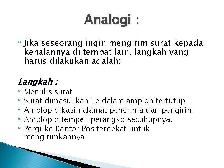 Analogi : Jika seseorang ingin mengirim surat kepada kenalannya di tempat lain, langkah yang