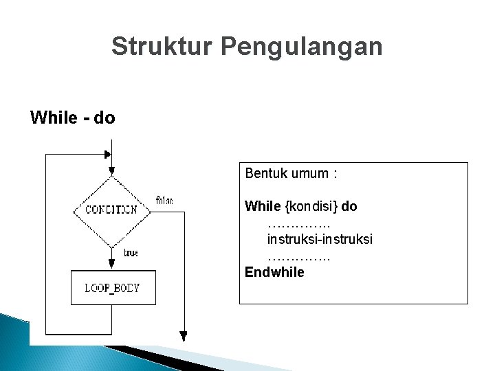 Struktur Pengulangan While - do Bentuk umum : While {kondisi} do …………. . instruksi-instruksi