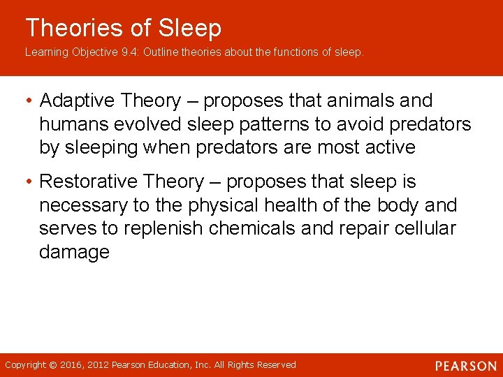 Theories of Sleep Learning Objective 9. 4: Outline theories about the functions of sleep. Theories of Sleep Learning Objective 9. 4: Outline theories about the functions of sleep.
