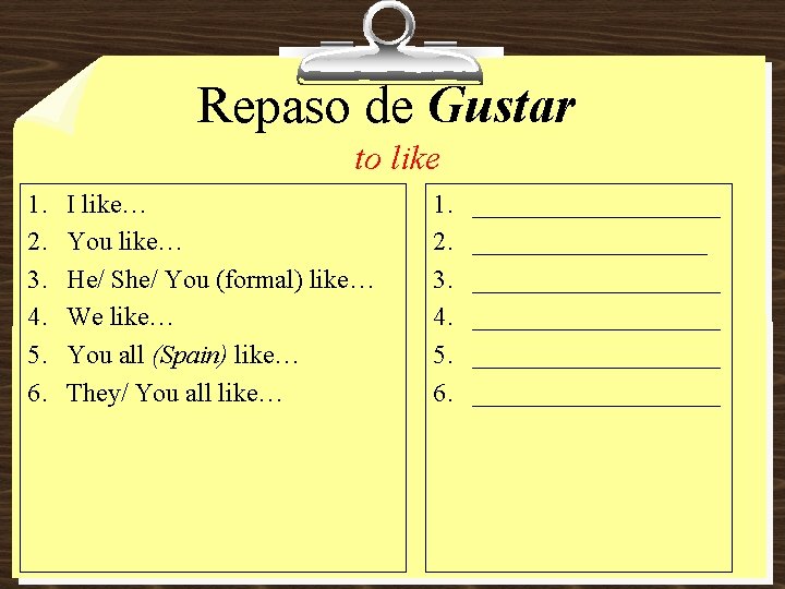 Repaso de Gustar to like 1. 2. 3. 4. 5. 6. I like… You