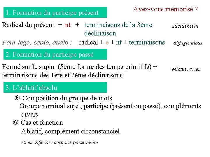 1. Formation du participe présent Avez-vous mémorisé ? Radical du présent + terminaisons de