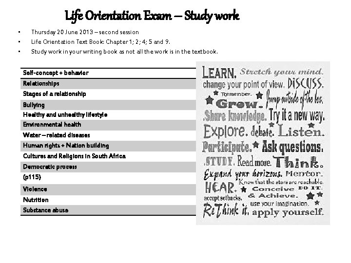 Life Orientation Exam – Study work • • • Thursday 20 June 2013 –