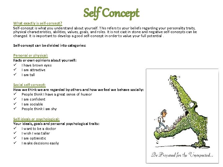 Self Concept What exactly is self-concept? Self-concept is what you understand about yourself. This