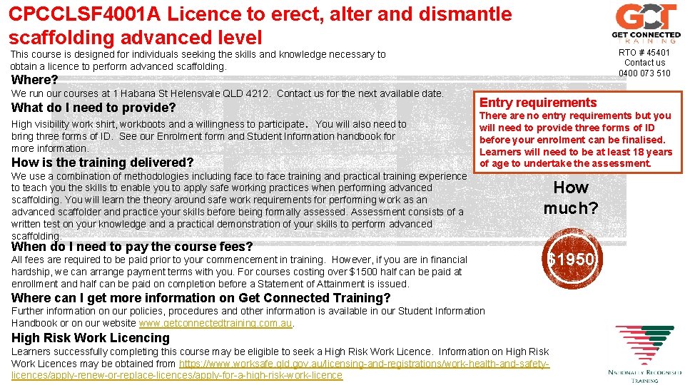 CPCCLSF 4001 A Licence to erect, alter and dismantle scaffolding advanced level RTO #