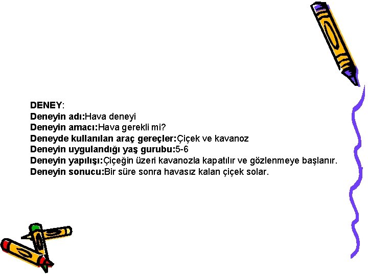 DENEY: Deneyin adı: Hava deneyi Deneyin amacı: Hava gerekli mi? Deneyde kullanılan araç gereçler: DENEY: Deneyin adı: Hava deneyi Deneyin amacı: Hava gerekli mi? Deneyde kullanılan araç gereçler: