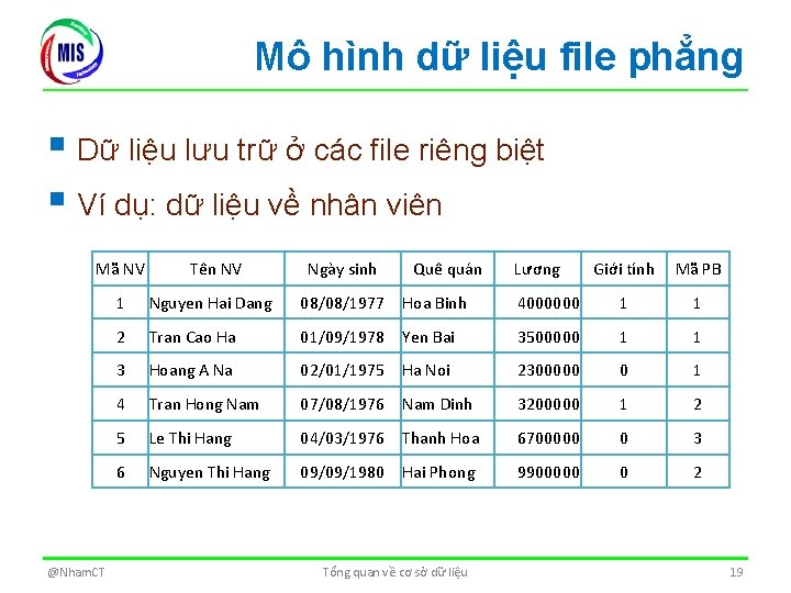 Mô hình dữ liệu file phẳng § Dữ liệu lưu trữ ở các file