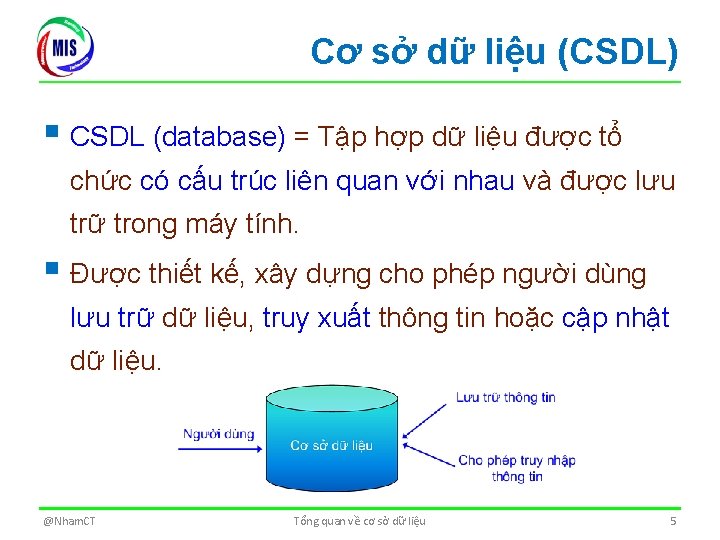 Cơ sở dữ liệu (CSDL) § CSDL (database) = Tập hợp dữ liệu được