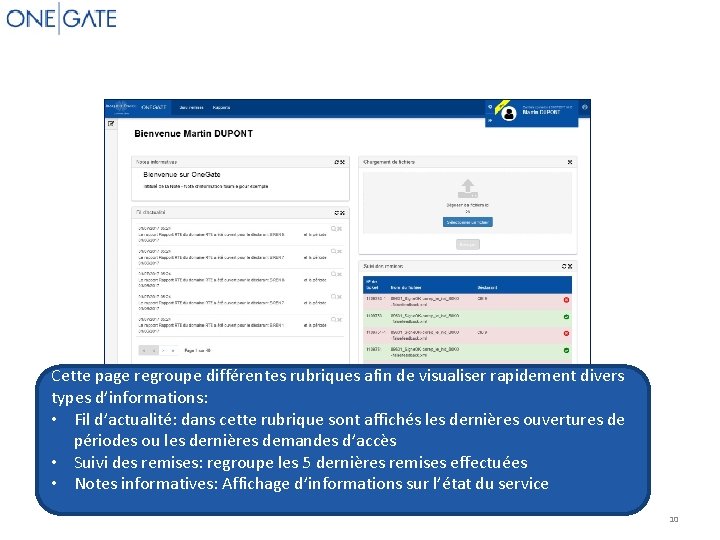 Page d’accueil ONEGATE Cette page regroupe différentes rubriques afin de visualiser rapidement divers types