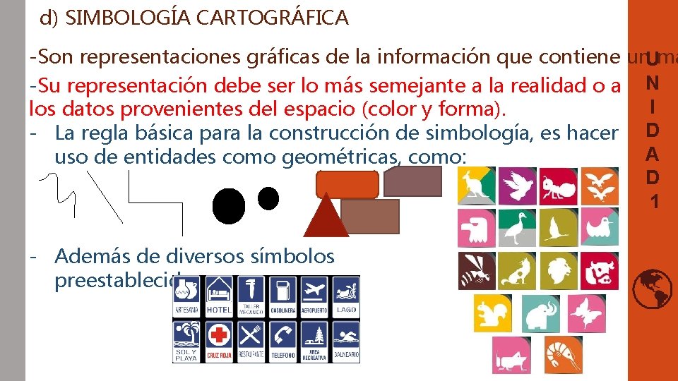 d) SIMBOLOGÍA CARTOGRÁFICA -Son representaciones gráficas de la información que contiene un. Uma -Su