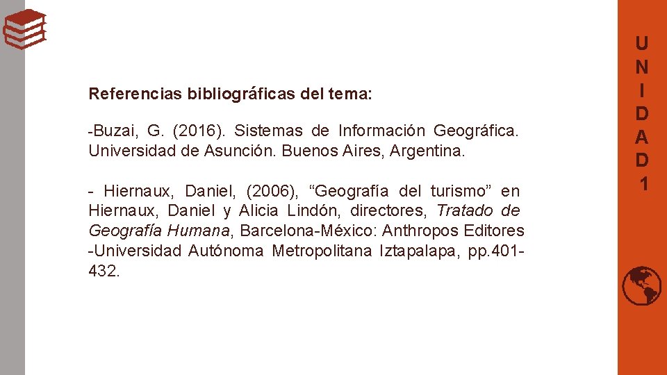 Referencias bibliográficas del tema: -Buzai, G. (2016). Sistemas de Información Geográfica. Universidad de Asunción.