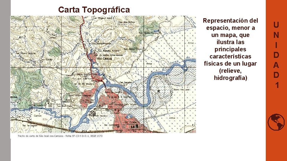 Carta Topográfica Representación del espacio, menor a un mapa, que ilustra las principales características