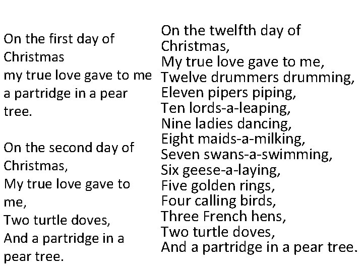 On the twelfth day of On the first day of Christmas, Christmas My true