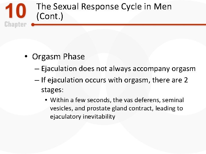 The Sexual Response Cycle in Men (Cont. ) • Orgasm Phase – Ejaculation does
