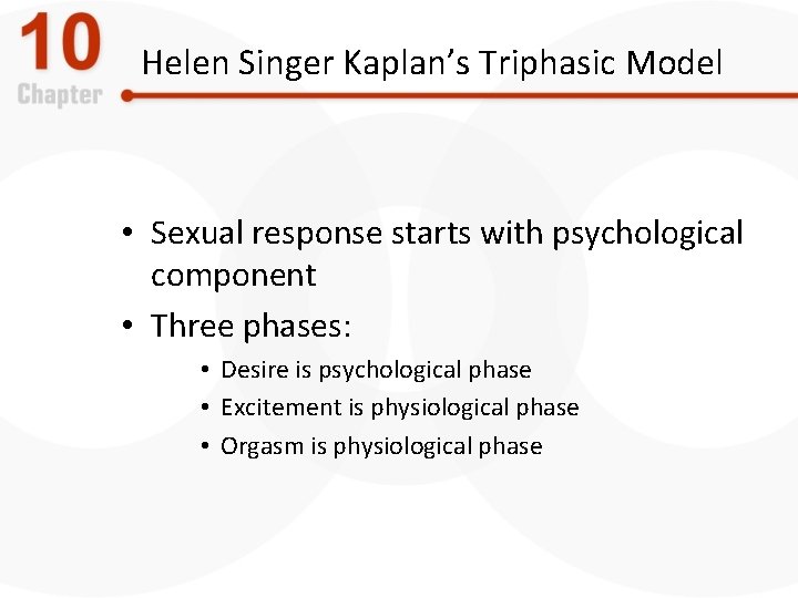 Helen Singer Kaplan’s Triphasic Model • Sexual response starts with psychological component • Three