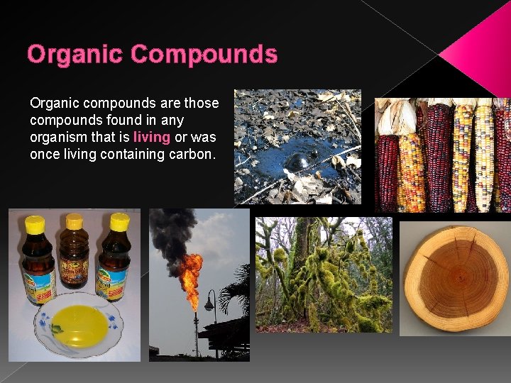 Organic Compounds Organic compounds are those compounds found in any organism that is living