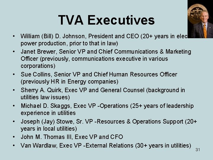 TVA Executives • William (Bill) D. Johnson, President and CEO (20+ years in electric