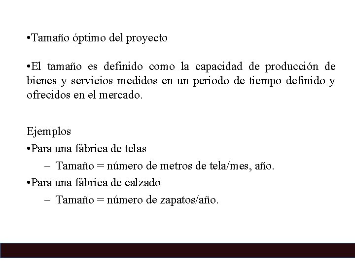  • Tamaño óptimo del proyecto • El tamaño es definido como la capacidad