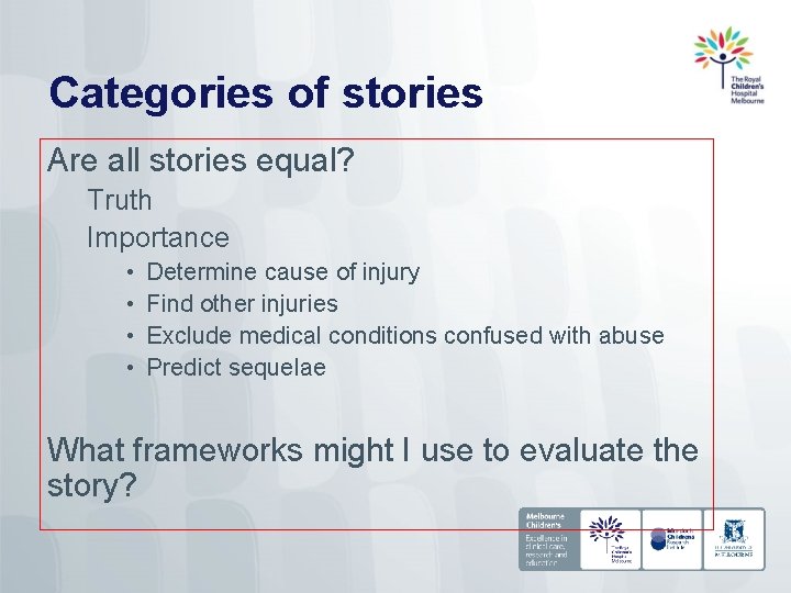 Categories of stories Are all stories equal? Truth Importance • • Determine cause of