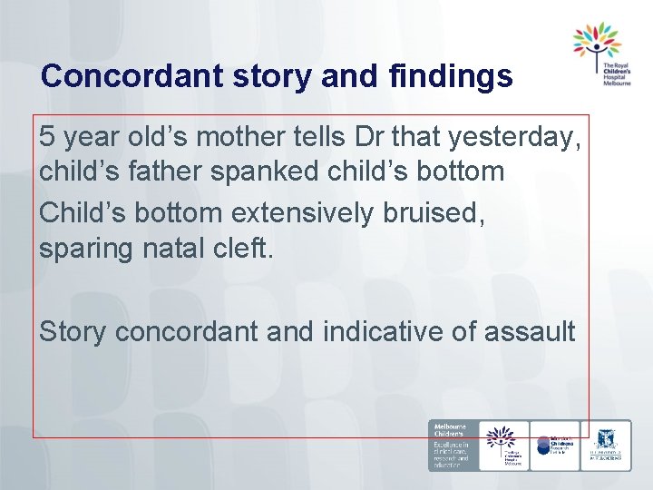 Concordant story and findings 5 year old’s mother tells Dr that yesterday, child’s father