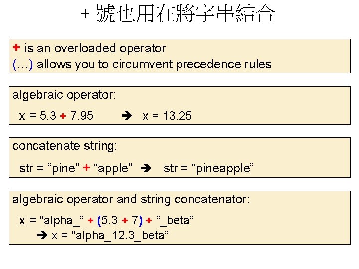 + 號也用在將字串結合 + is an overloaded operator (…) allows you to circumvent precedence rules