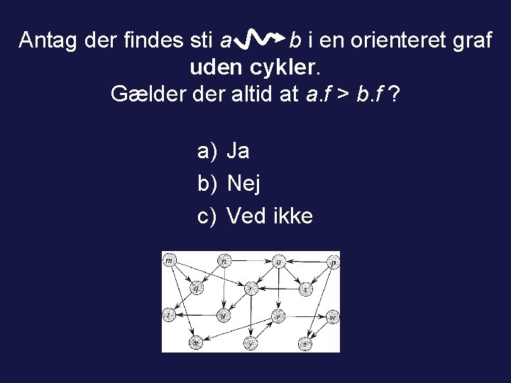 Antag der findes sti a b i en orienteret graf uden cykler. Gælder altid