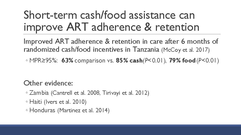 Short-term cash/food assistance can improve ART adherence & retention Improved ART adherence & retention