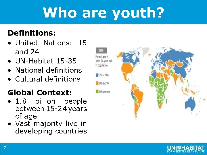 Who are youth? Definitions: • United Nations: 15 and 24 • UN-Habitat 15 -35