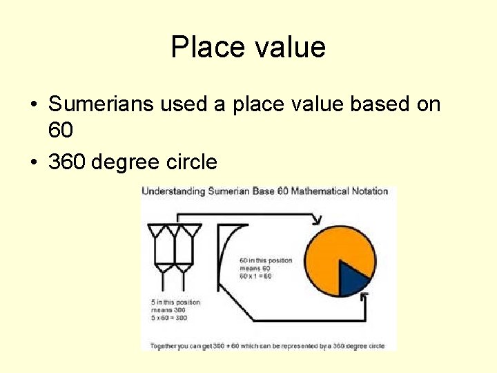 Place value • Sumerians used a place value based on 60 • 360 degree