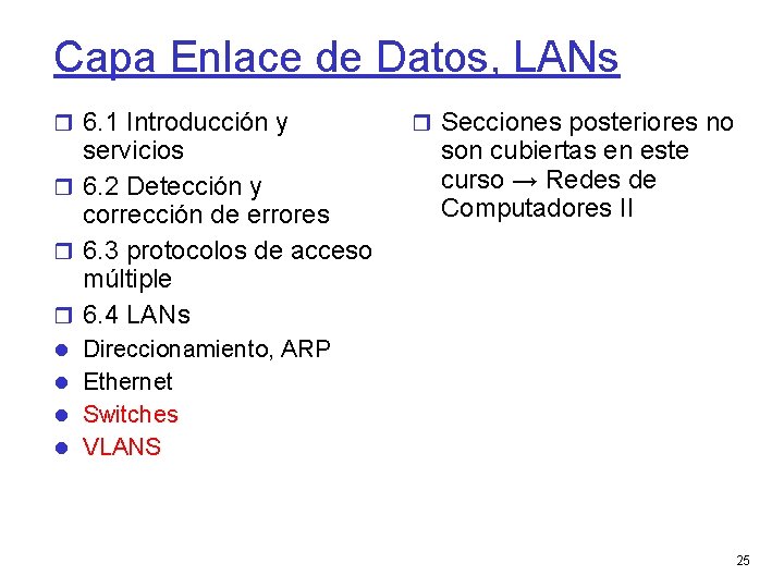 Capa Enlace de Datos, LANs 6. 1 Introducción y servicios 6. 2 Detección y