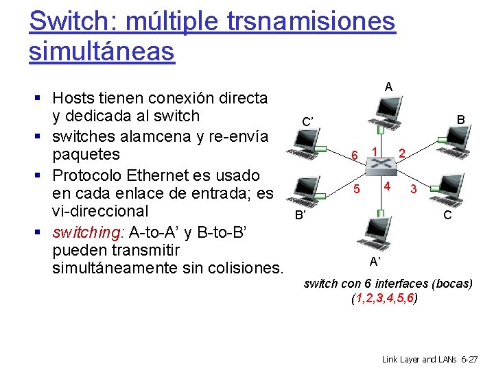 Switch: múltiple trsnamisiones simultáneas Hosts tienen conexión directa y dedicada al switches alamcena y